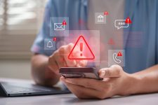 iemand kijkt op telefoon met waarschuwingssignalen