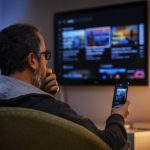 Man bekijkt app op smartphone om tv te bedienen