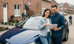 Koppel bekijkt hun verzekeringspolis terwijl ze tegen hun auto leunen.