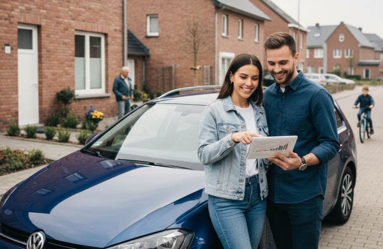 Koppel bekijkt hun verzekeringspolis terwijl ze tegen hun auto leunen.