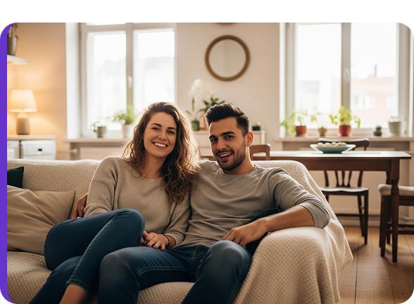 limlachend koppel dat op een sofa zit in een warm interieur, als illustratie van comfort en zekerheid thuis.
